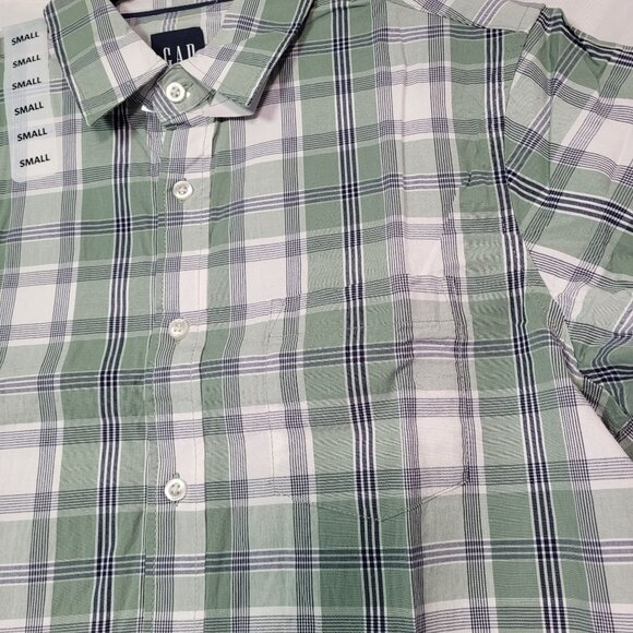 GAP Men's Green Plaid Short Sleeve Button-Up Poplin Cotton Shirt Small New - Picture 4 of 12